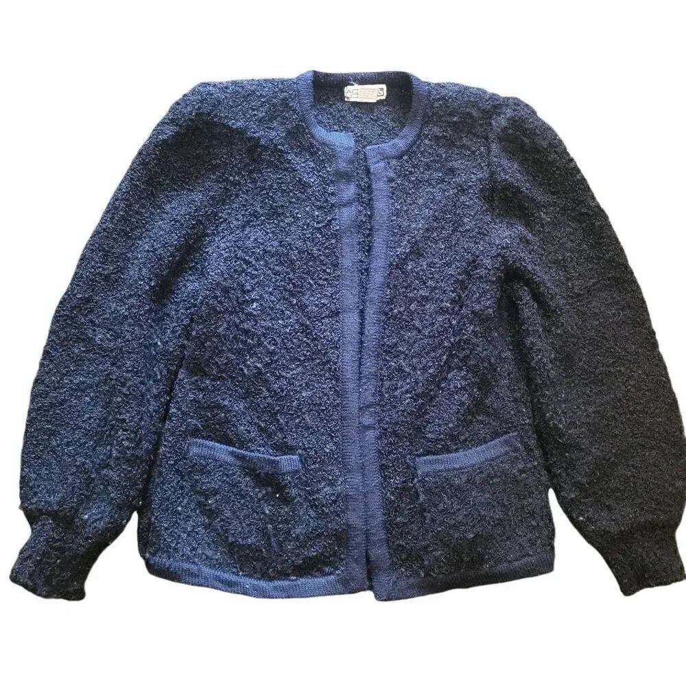 Vintage 80s Cardigan Sweater Women's Small Black Boucle Balloon Sleeve